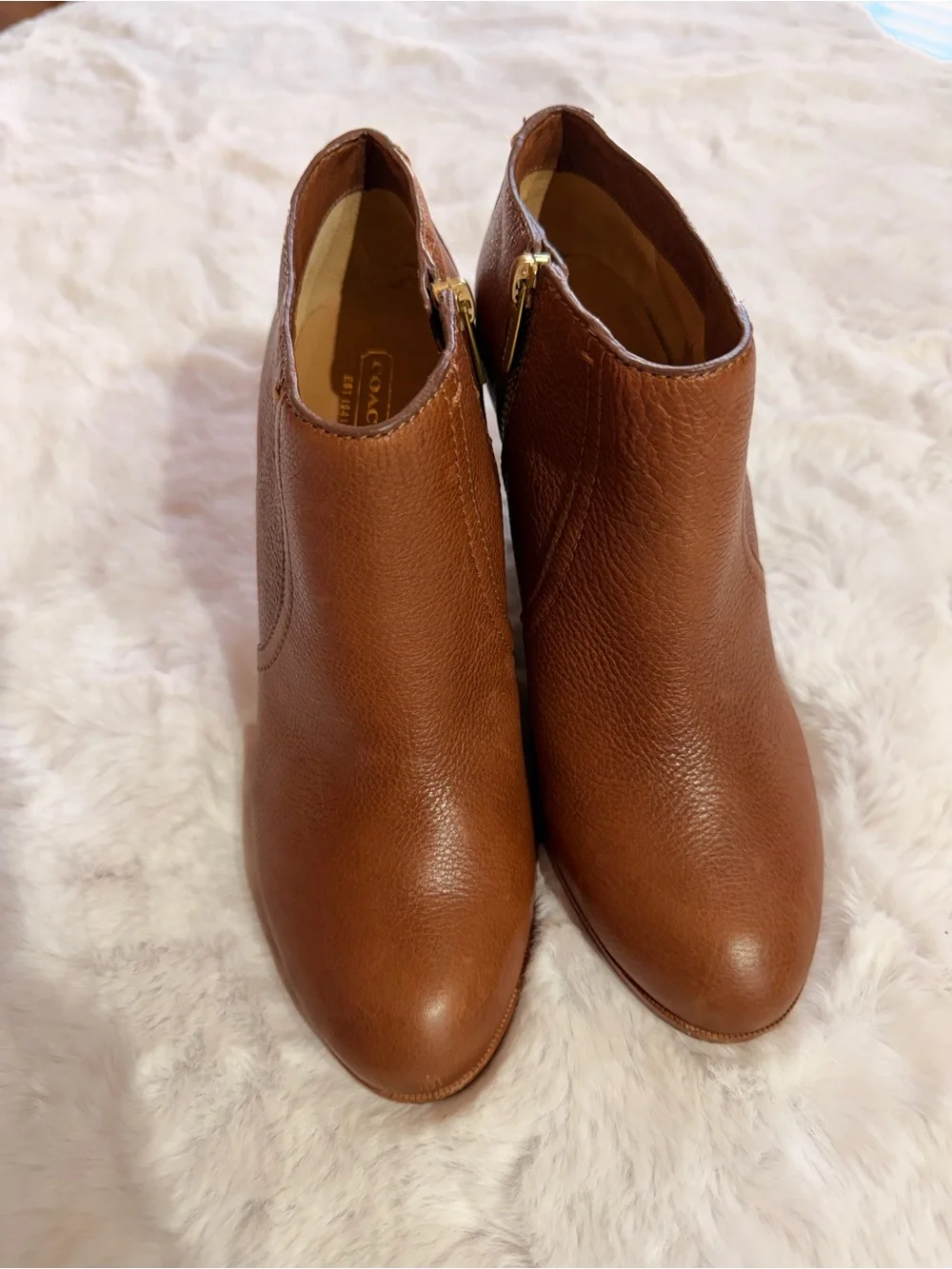 Coach Brown Leather Ankle Booties with Stacked Heel